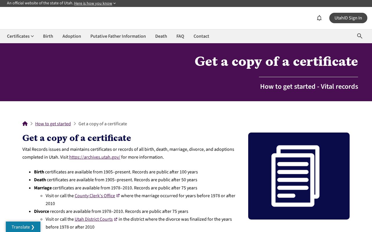 Eagle Mountain public records certificate application options from Utah vital records
