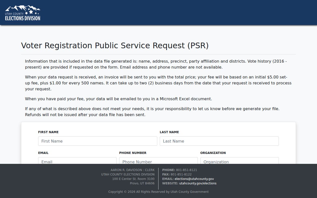 Eagle Mountain voter registration records request form with Utah County filters
